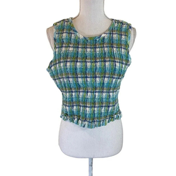 Basic Editions Seersucker Cropped Top XL 90s Plaid Pattern Sleeveless Blue Green - Picture 1 of 8